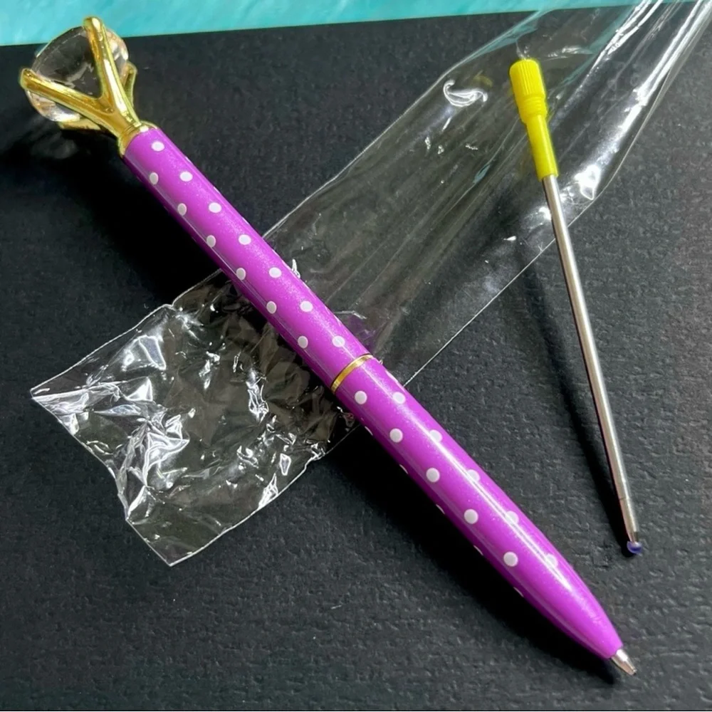 Diamond Top Metallic Purple Polka Dot Metal Ballpoint Pen & Black Ink Refill